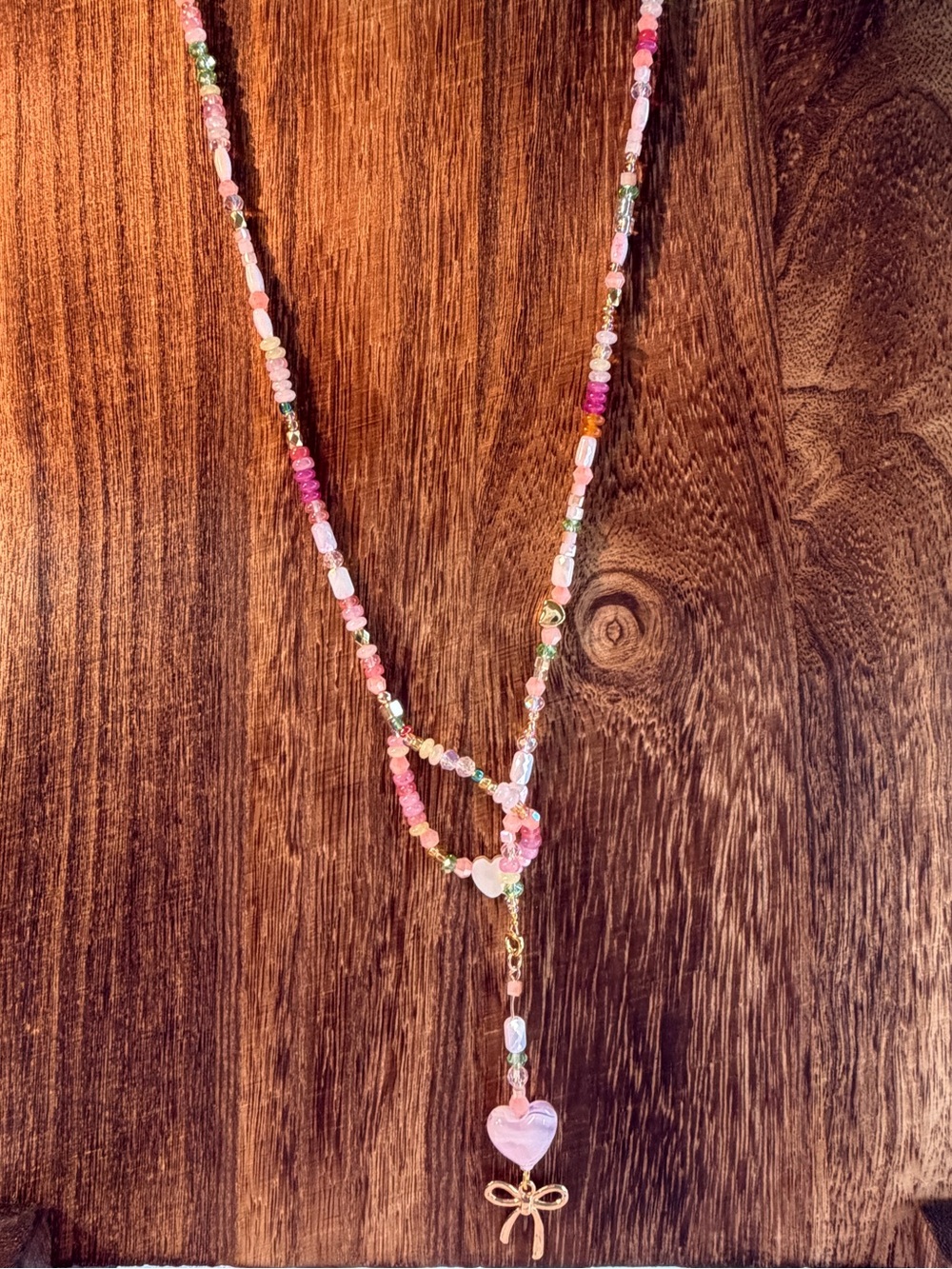Hand Crafted Pink Beaded Heart Lariat with Gold Bow Accent